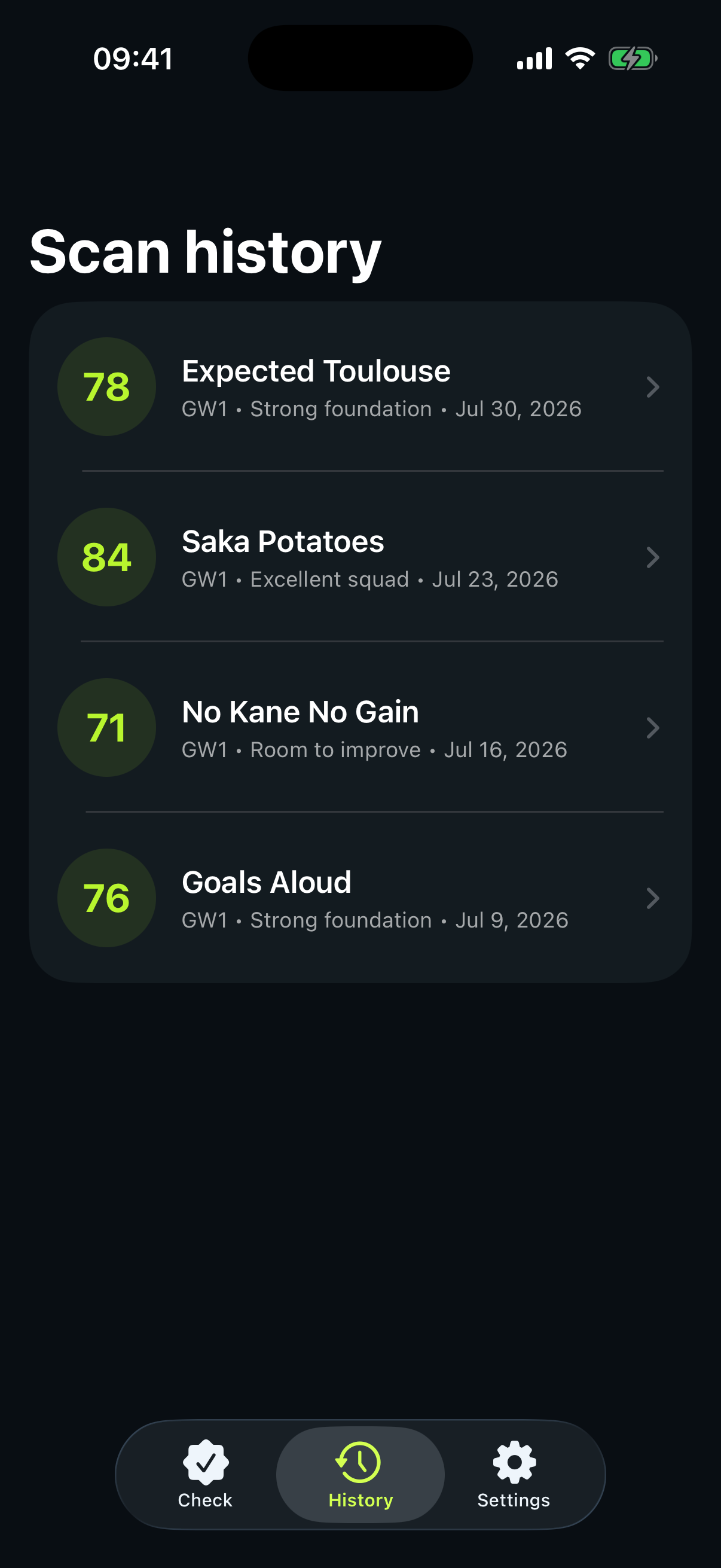 Saved squad scan history