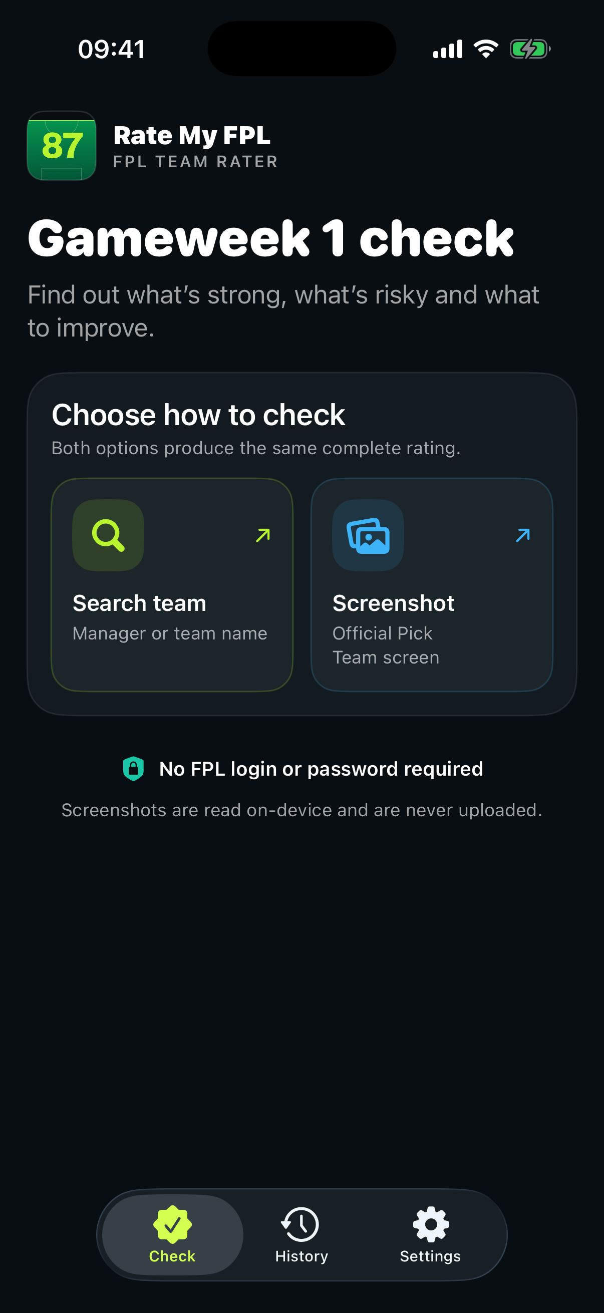 Choose team search or screenshot scan