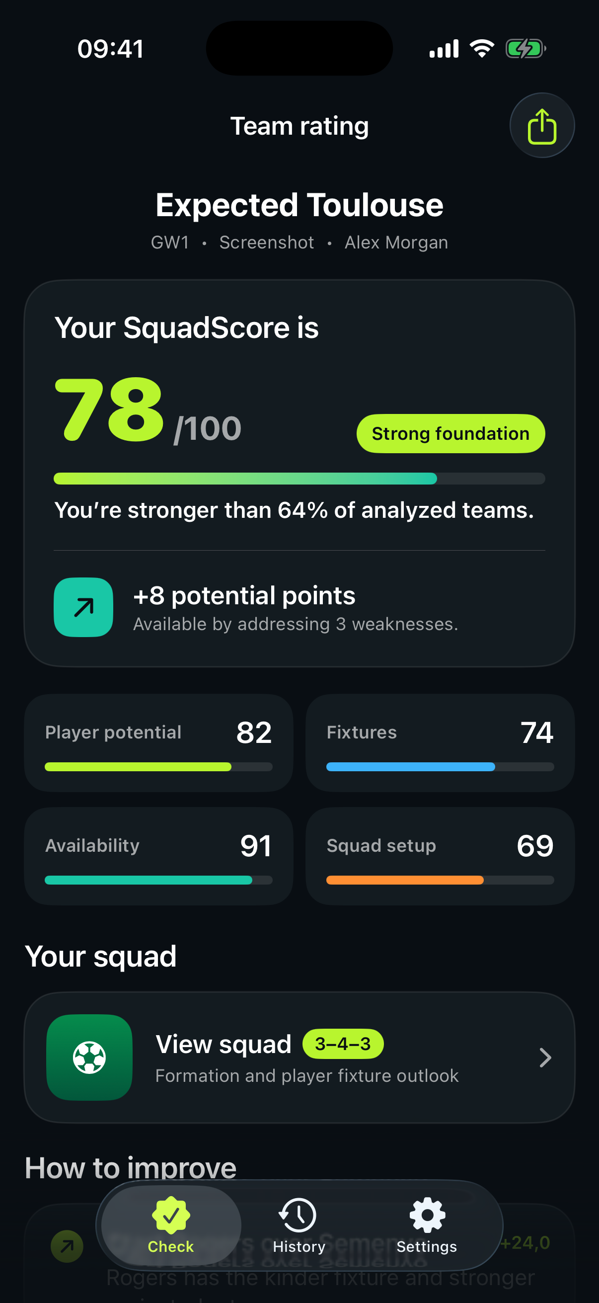 Rate My FPL SquadScore and team analysis screen